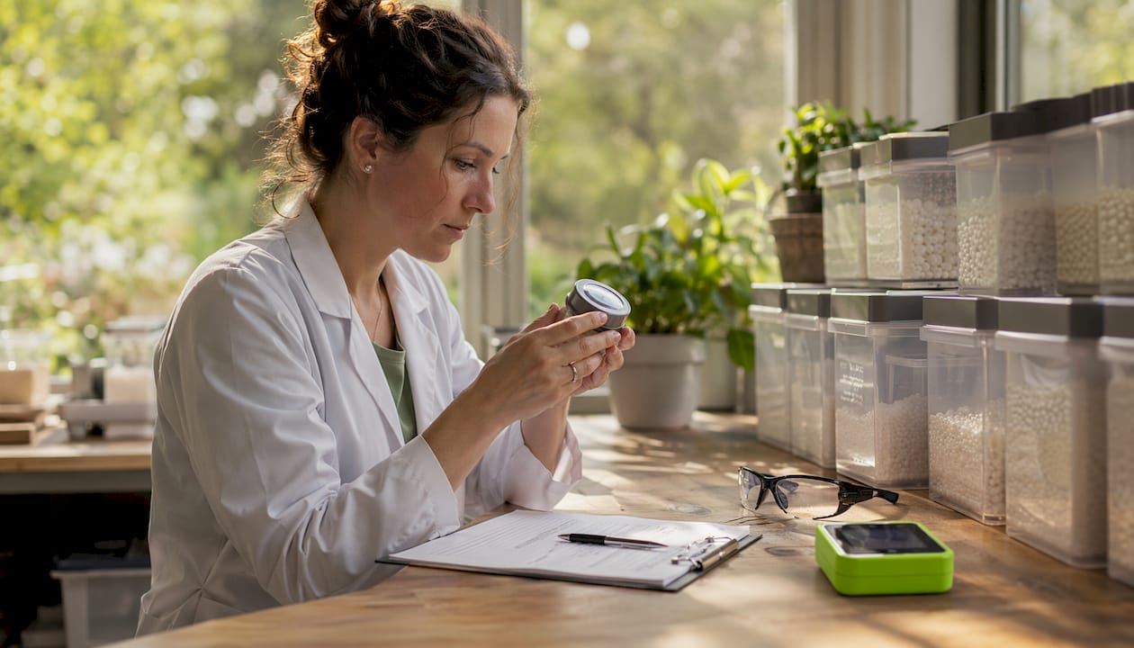 Lab technician inspecting humidity-controlled storage containers